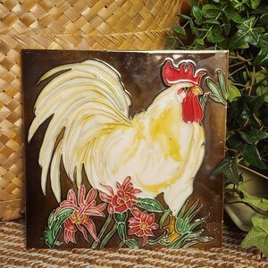 VTG Rooster Flowers Ceramic Tile Wall Art Trivet 8x8 Farmhouse Decor